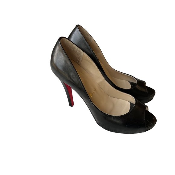Christian Louboutin Sz.7.5/38 Black Leather Very Prive Peep Toe Platform Pumps - Picture 5 of 15